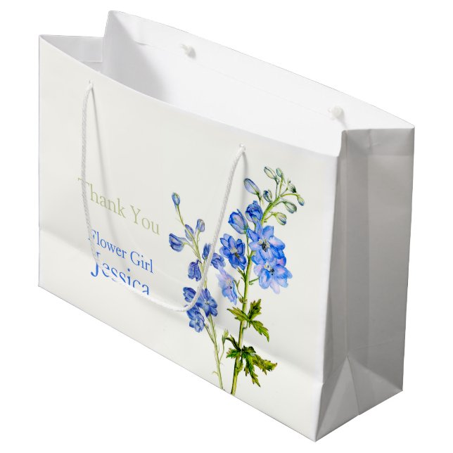 Delphinium Hochzeit blaue Blume Mädchen Gefallen G Große Geschenktüte (Vorderseite Schrägansicht)