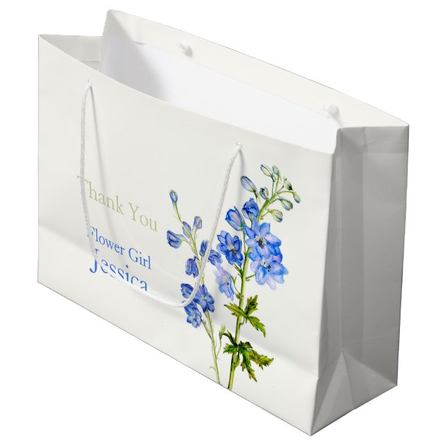 Delphinium Hochzeit blaue Blume Mädchen Gefallen G Große Geschenktüte (Vorderseite Schrägansicht)
