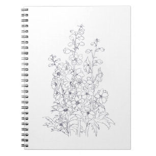 Delphinium-Larkspur-Blume zeichnend Notizblock