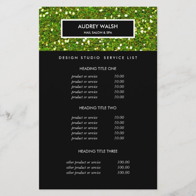 Deluxe Glittery Green Salon Pricing & Services Flyer (Vorne)