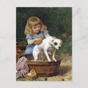 Dem Hund ein Bad geben - Vintage-Hund-Postkarte Postkarte
