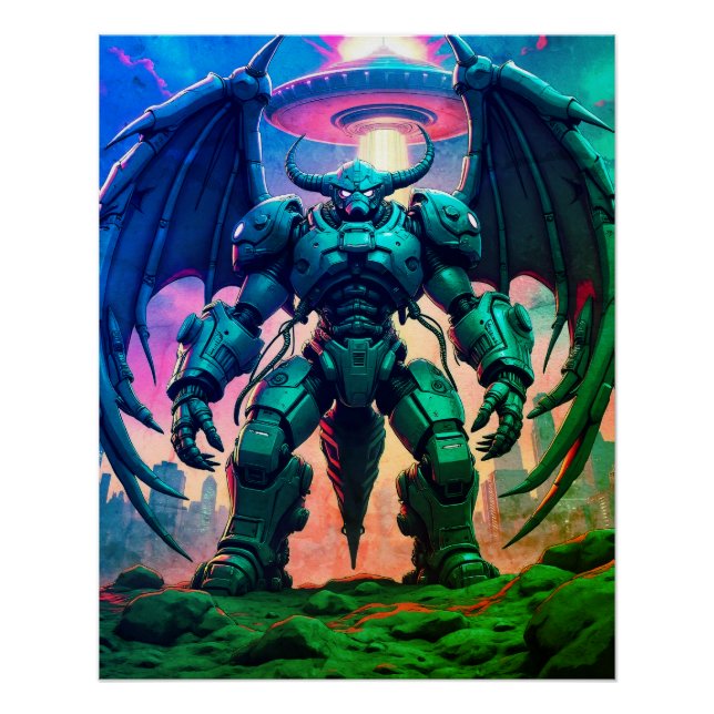 Demon Roboter mit Flügel bei einem UFO Poster (Vorderseite)