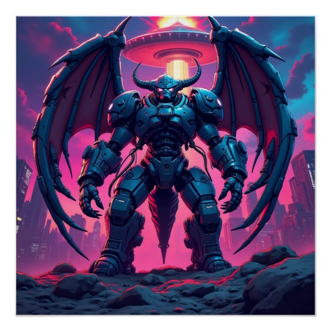 Demon Roboter mit Flügel bei einem UFO Poster (Vorderseite)