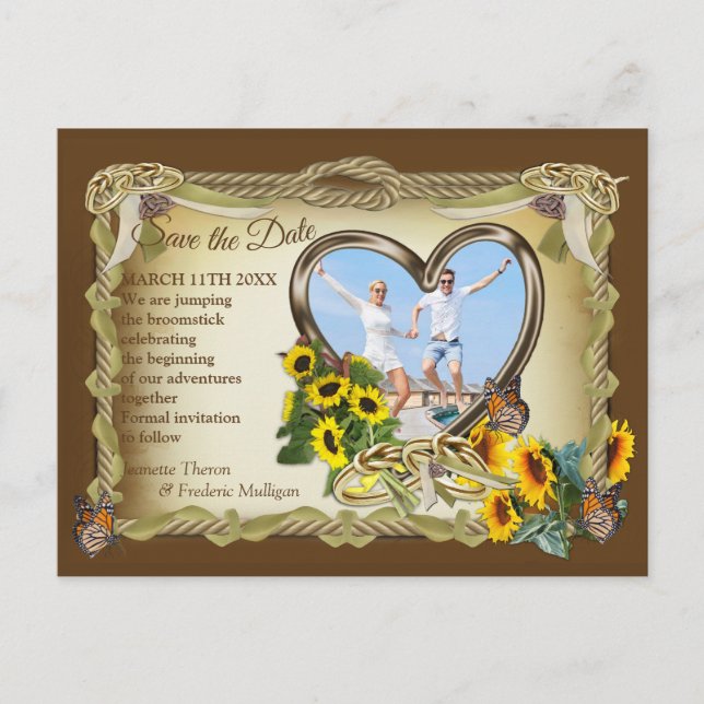 Den Broomstick springen - Save the Date Ankündigungspostkarte (Vorderseite)