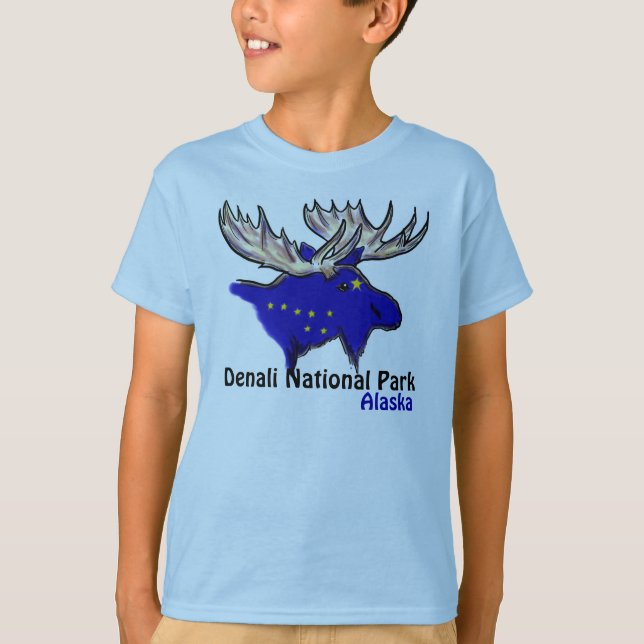 Denali Nationalpark Alaska Flagge Elche Jungs Tee (Vorderseite)