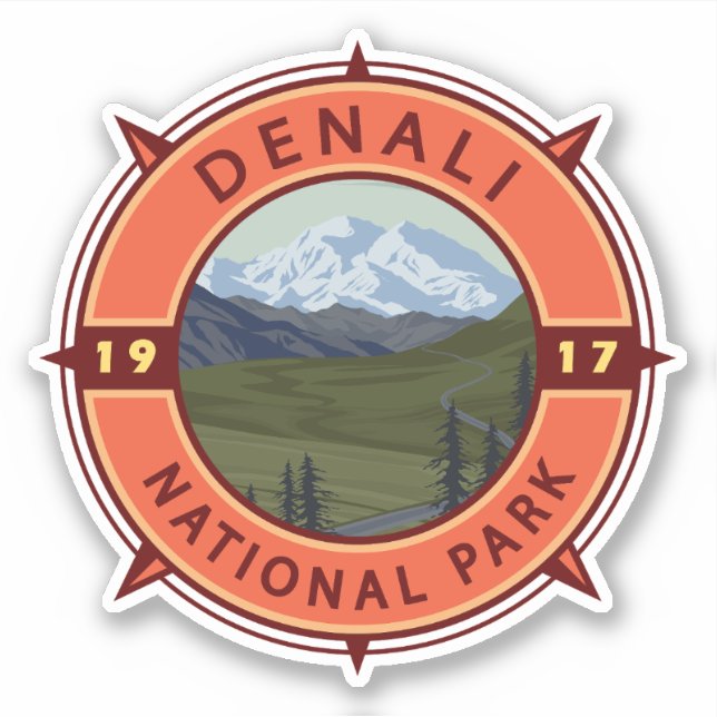 Denali Nationalpark Retro Kompass Emblem Aufkleber (Vorderseite)