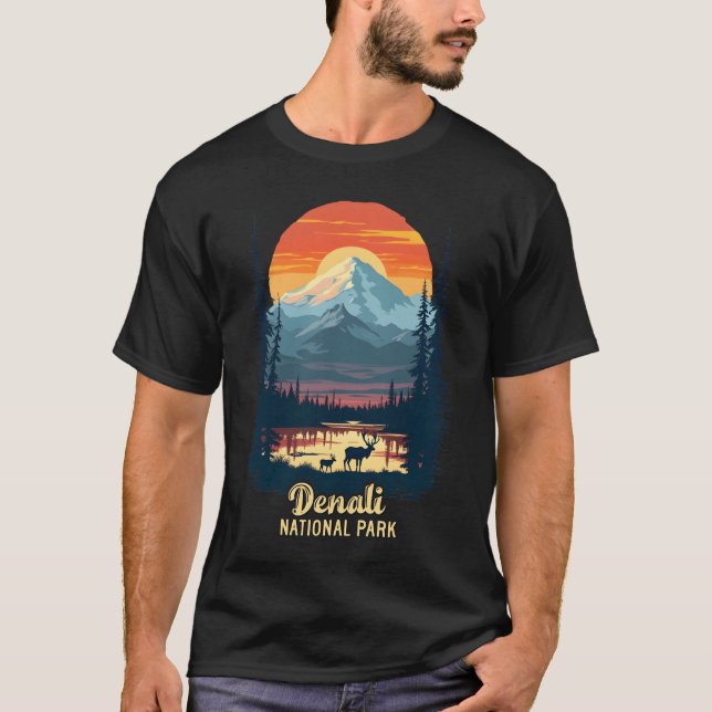 Denali Nationalpark Retro Sunset Wilderness Ar T-Shirt (Vorderseite)