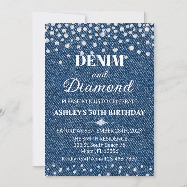 Denim and Diamond Birthday Party Invitation Einladung (Vorderseite)