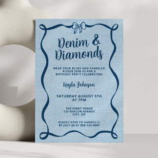 Denim and Diamonds Blue Bow Coquette Wavy Ribbon Einladung