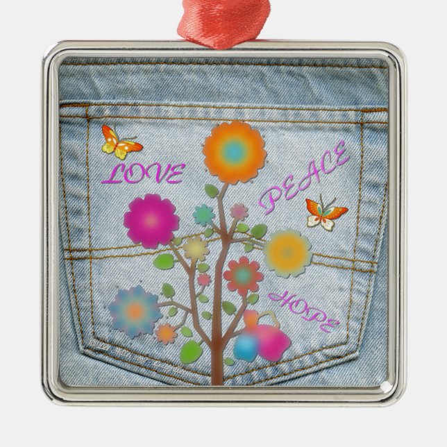 Denim Back Pocket Blume Liebe Hoffnung Silbernes Ornament (Vorne)