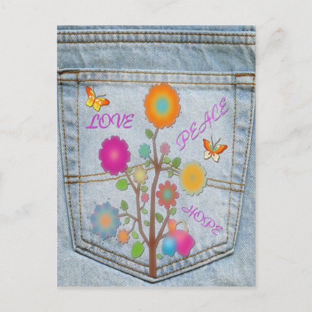 Denim Back Pocket Blume Peace Liebe Hope Post Card Postkarte (Vorderseite)