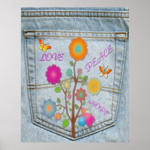 Denim Back Pocket Blume Peace Liebe Hope Poster