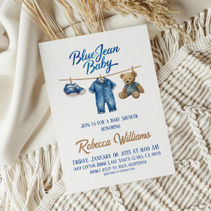 Denim Bear Clothesline Boy Blue Jean Baby Shower Einladung