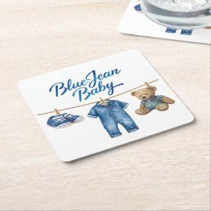 Denim Bear Clothesline Boy Blue Jean Baby Shower Rechteckiger Pappuntersetzer