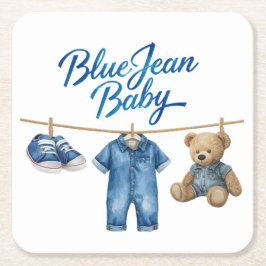Denim Bear Clothesline Boy Blue Jean Baby Shower Rechteckiger Pappuntersetzer