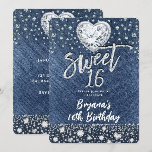 Denim & Bling Diamonds Sweet 16 Birthday Party Einladung