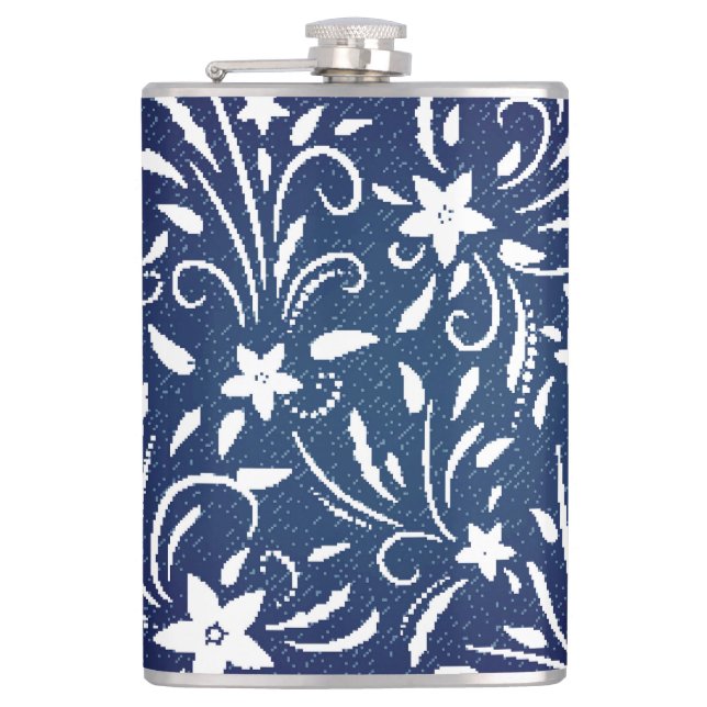 Denim Blooms: Blumenmuster Hintergrund Flachmann (Vorderseite)