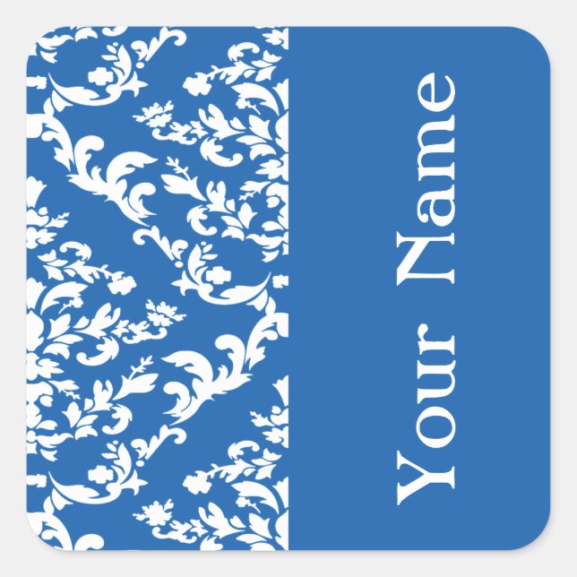 Denim Blue Bold Damask in Emporiomoffa mit Namen Quadratischer Aufkleber (Vorderseite)