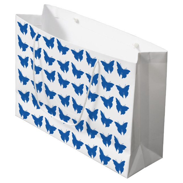 Denim Blue Bold Mod Butterflies Große Geschenktüte (Vorderseite Schrägansicht)