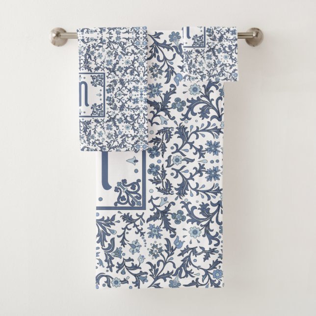 Denim Blue Floral Personalisiert Badhandtuch Set (Insitu)