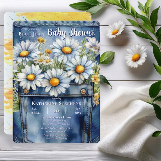 Denim Blue Jean | Daisies Floral Baby Shower Einladung (Blue Jean Denim and Daisies Baby Shower Invitation - Print | Digital Download)