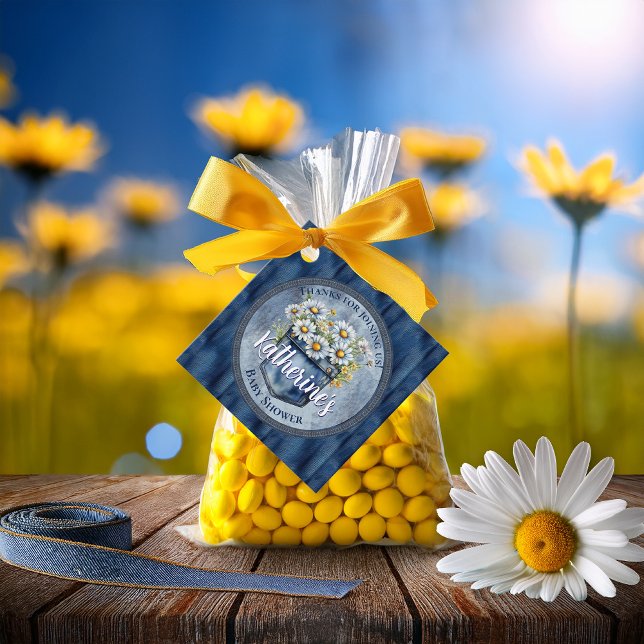 Denim Blue Jean | Daisies Floral Baby Shower Geschenkanhänger (Blue Jean Pocket Denim and Daisies Baby Shower Favor Tags)