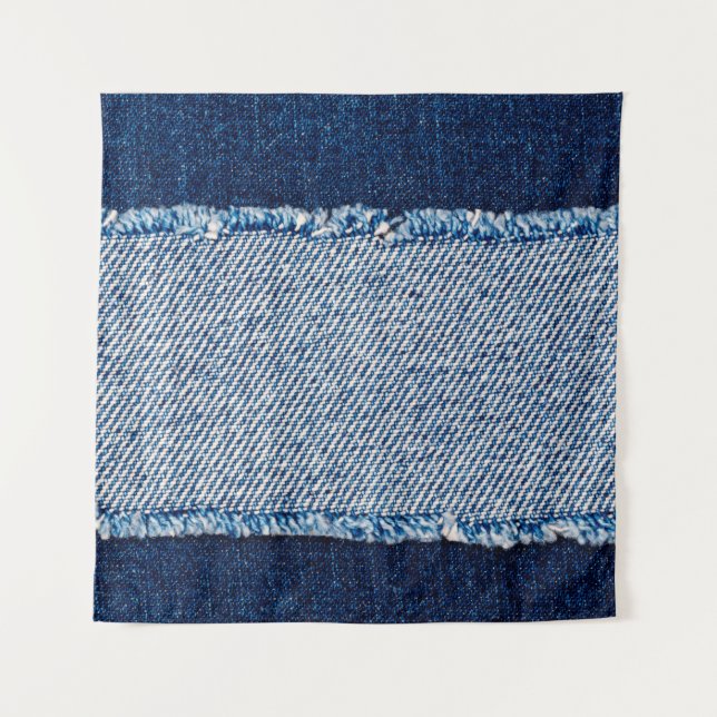 Denim blue jeans fabric frame. Bleached denim fabr Wandteppich (Vorderseite)