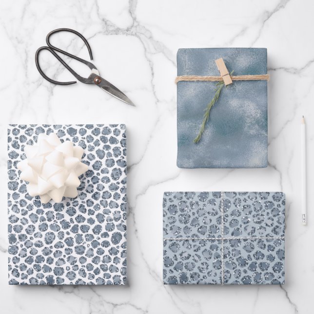 Denim Blue Leopard Print Glitzer Geschenkpapier Set (Vorderseite)