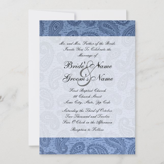 Denim Blue Paisley Wedding Einladung (Vorderseite)