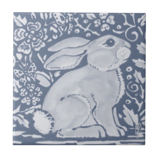 Denim Blue Plump Bunny Rabbit Floral Dedham Delft Fliese (Vorderseite)