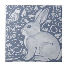 Denim Blue Rabbit Bird Floral Dedham Delft Fliese