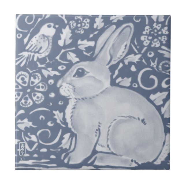 Denim Blue Rabbit Bird Floral Dedham Delft Fliese (Vorderseite)