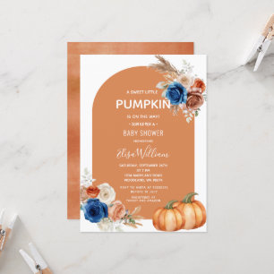 Denim Blue Rust Orange Pumpkin Floral Baby Dusche Einladung