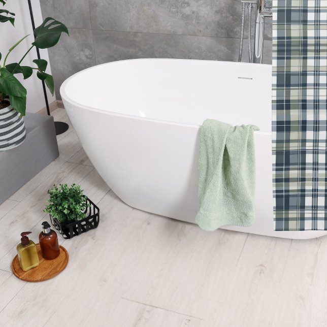 Denim Blue Sage Green White Kariert Duschvorhang (Von Creator hochgeladen)