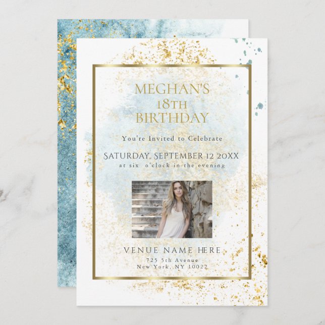 Denim Blue Watercolor Birthday Age Foto Frame Einladung (Vorne/Hinten)