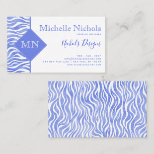 Denim Blue Watercolor Zebra Print Monogramm Visitenkarte