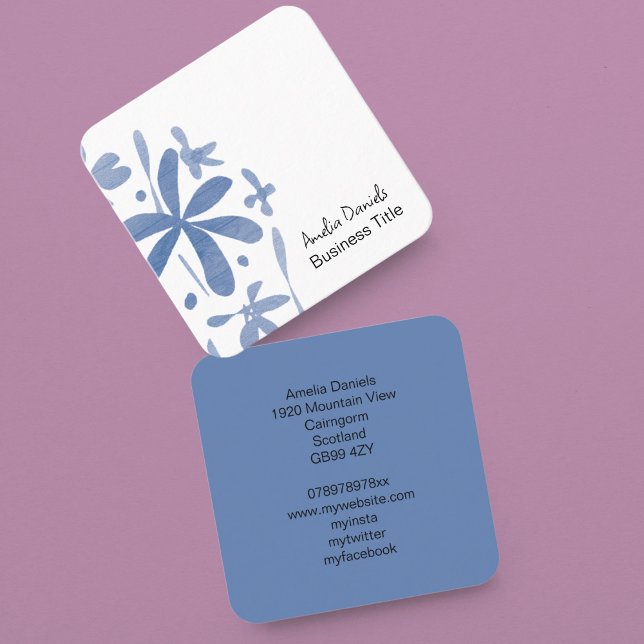 Denim Blue Wild Blume Business Card Quadratische Visitenkarte (Von Creator hochgeladen)