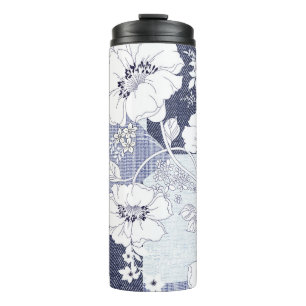 Denim Blume Patchwork, nahtlos Muster. Thermosbecher