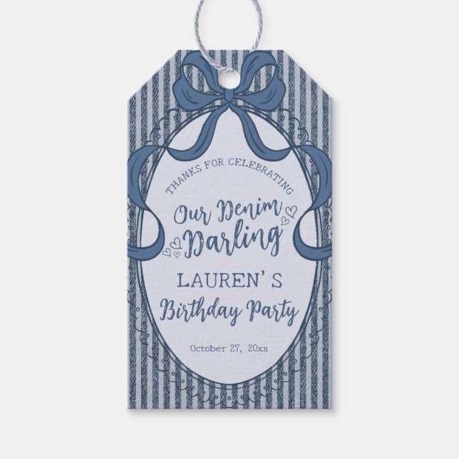 Denim Coquette Bow Blue Jean Baby Birthday Favors Geschenkanhänger (Vorderseite)