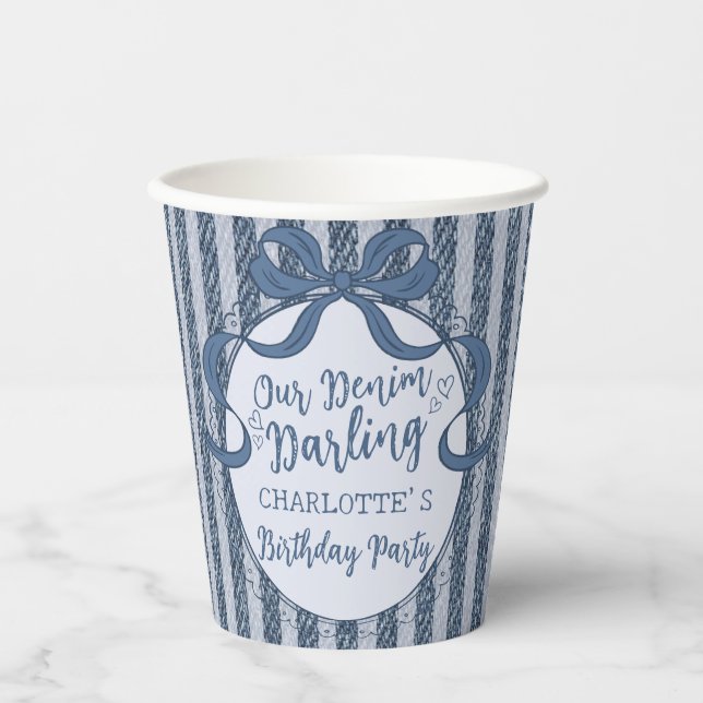 Denim Coquette Bow Blue Jean Baby Birthday Pappbecher (Vorderseite)