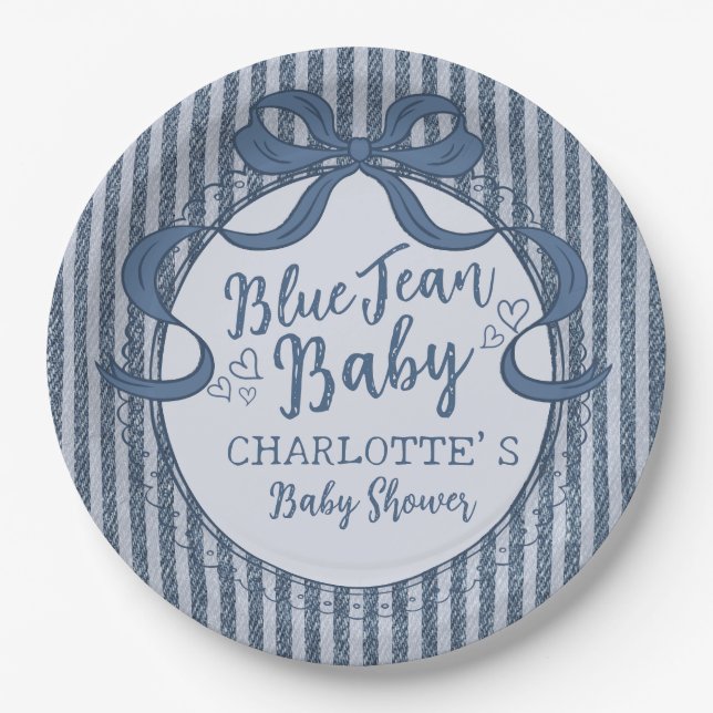 Denim Coquette Bow Blue Jean Baby Shower Pappteller (Vorderseite)