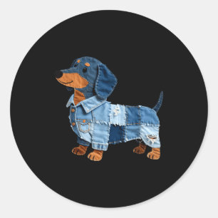 Denim-Dachshund-Hund-Patchwork-Welpe-Vintage-Kunst Runder Aufkleber
