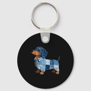 Denim-Dachshund-Hund-Patchwork-Welpe-Vintage-Kunst Schlüsselanhänger