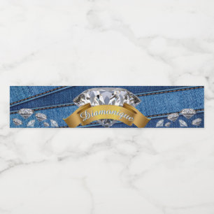 Denim & Diamanten Blaue Jeans & Banner Diamant Wasserflaschenetikett