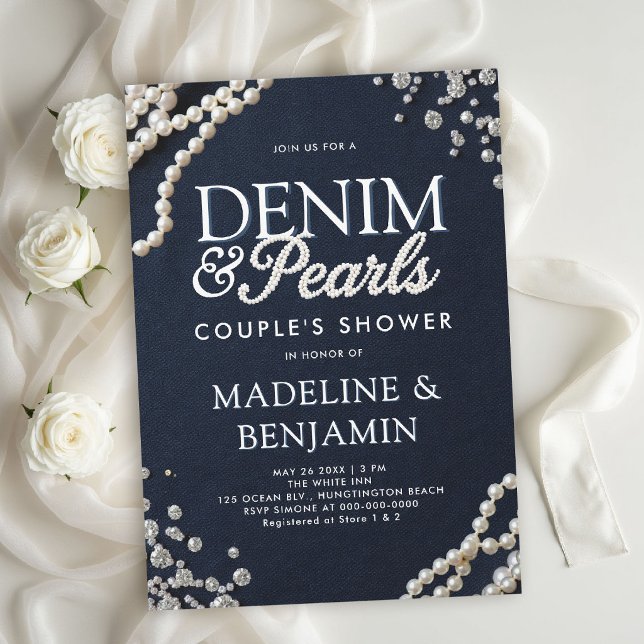 Denim-Diamanten-Perlen Blaue Rustikale Hochzeitssh Einladung (denim diamonds pearls wedding shower invitations template couple bridal western country rustic)