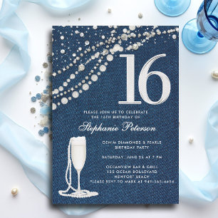Denim-Diamanten-Perlen-Champagner ElegantSweet 16 Einladung