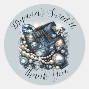 Denim Diamanten und Perlen Jeans Bling Party Runder Aufkleber