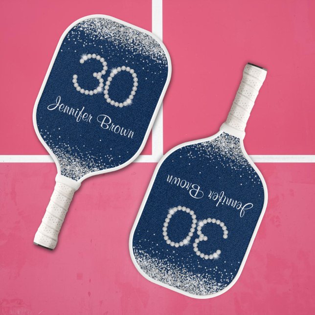 Denim & Diamond 30 Jahre altes Pickleball-Paddel Pickleball Schläger (Elegant Denim and Diamonds 30th Birthday Paddle)