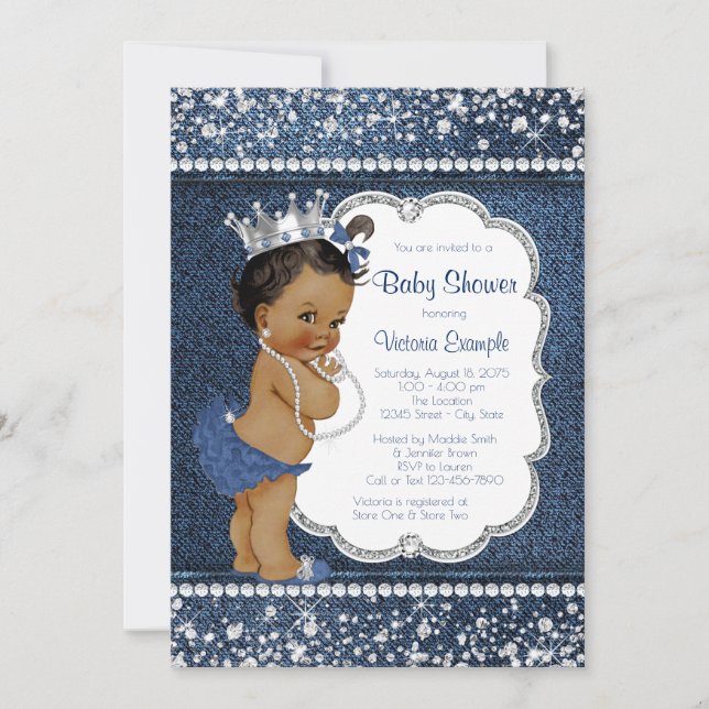 Denim Diamond African American Girl Baby Shower Einladung (Vorderseite)