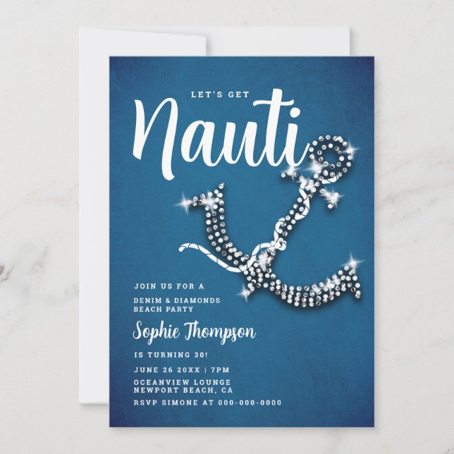 Denim Diamond Anchor Nauti Blue Birthday Party Einladung (Vorderseite)